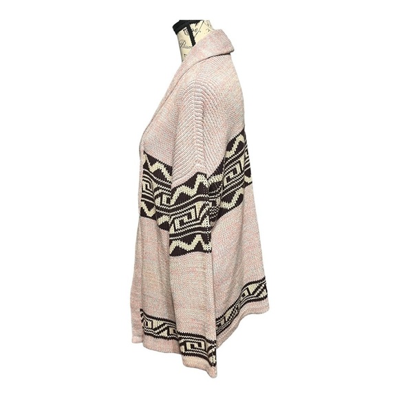 Ecote Cardigan Pink Brown Open Front Geo Print Shawl Collar Grandpa Sweater - Picture 6 of 9
